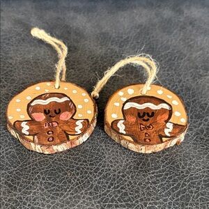 Hand-Painted Gingerbread Wood Slice Ornaments - Set of 2